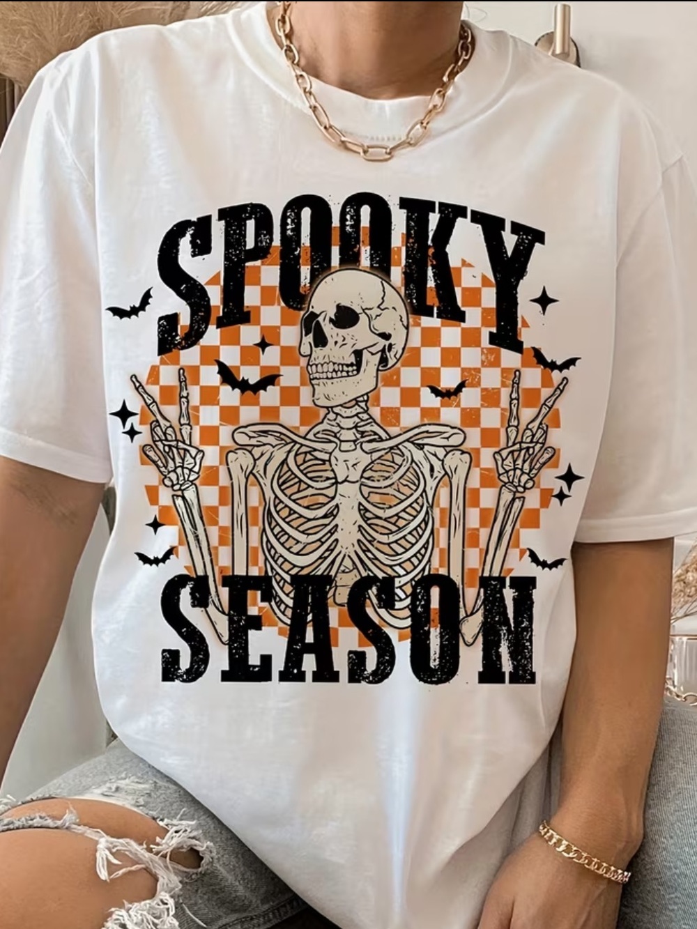 Halloween Spooky Season Skeleton Graphic Tee in White